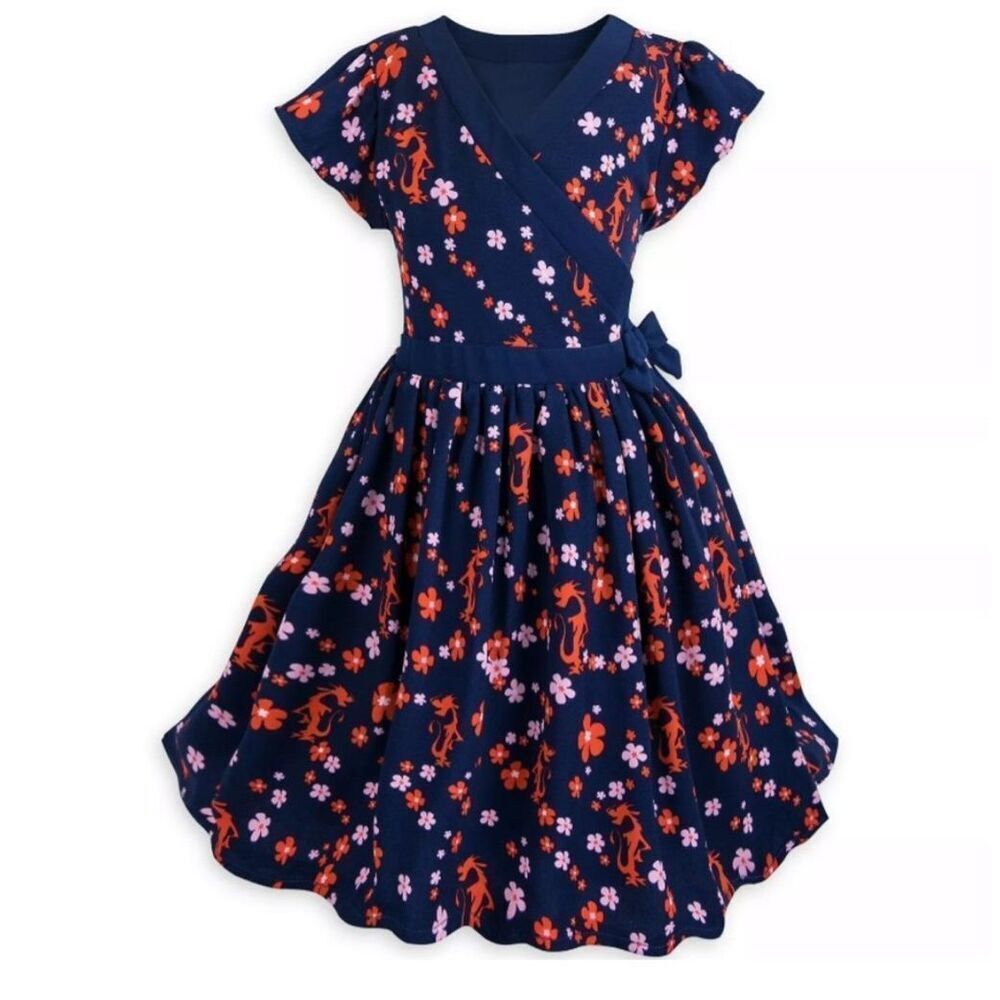 Disney Mulan Mushu Floral Icons Allover Print Wrap Dress Size 7/8